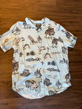 Sundro Ranch Print Short-Sleeve Button-Down Shirt - Light Blue